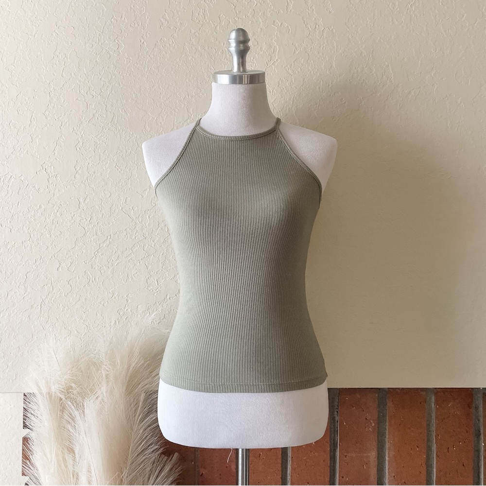 Sage Green Ribbed High Neck Tank Top - Picture 2 of 4